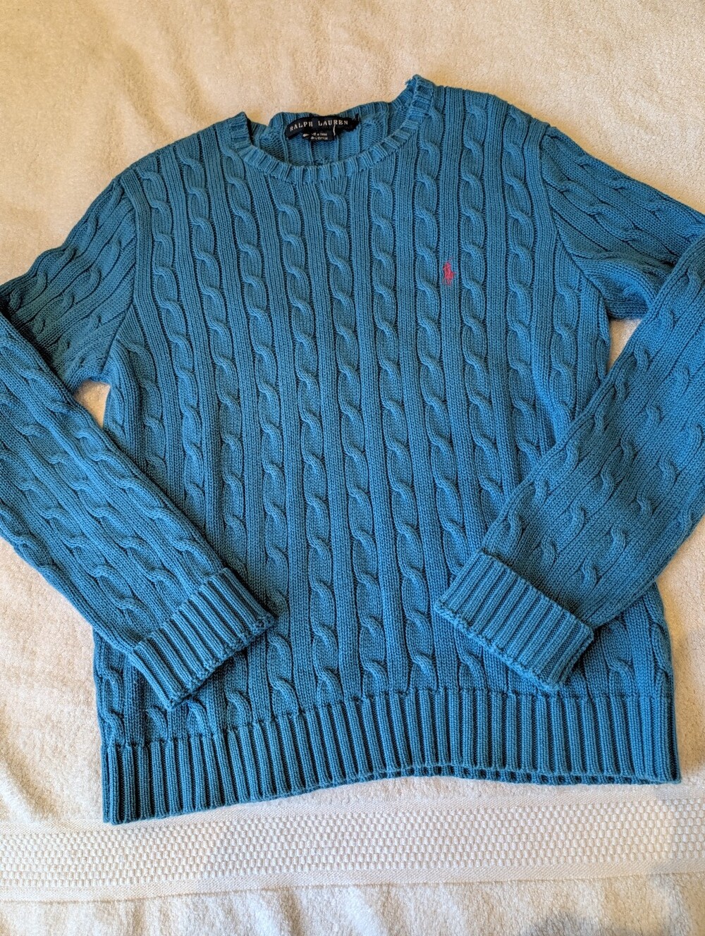 Ralph Lauren Cable Knit Cotton Crewneck Sweater Cerulean Blue M/L